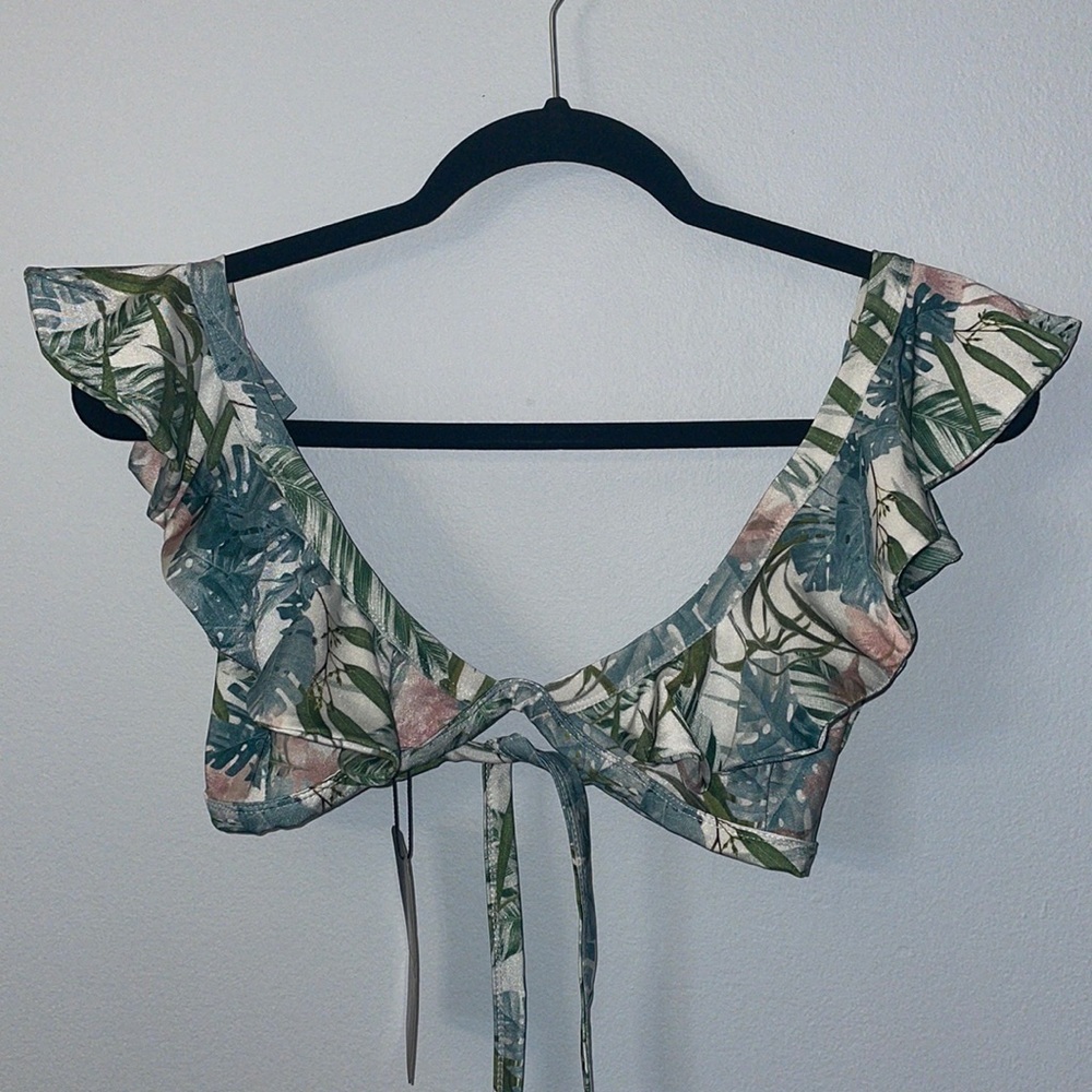 Pretty Little Thing Pale Khaki Leafy Frill Tie Front Bikini Top